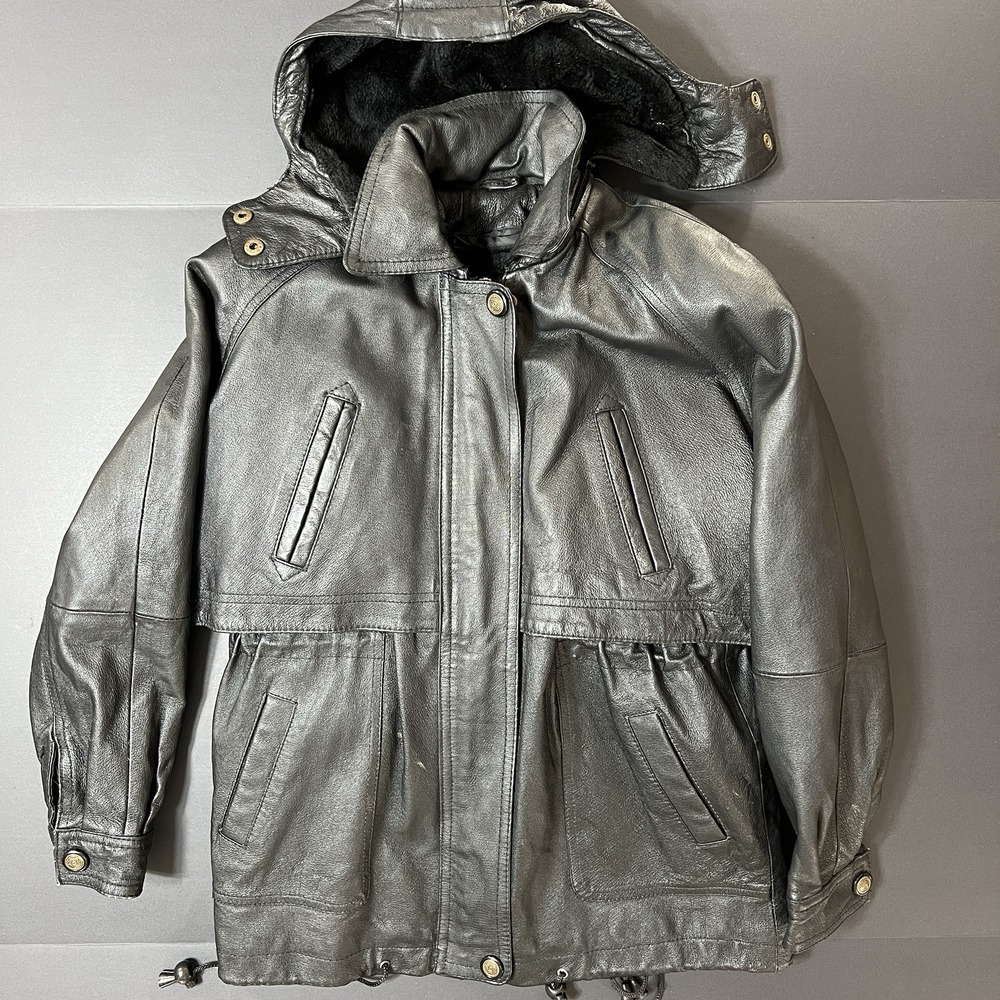 Michael Michelle Leather Jacket Hooded Black Women's M Lined Vintage 90s